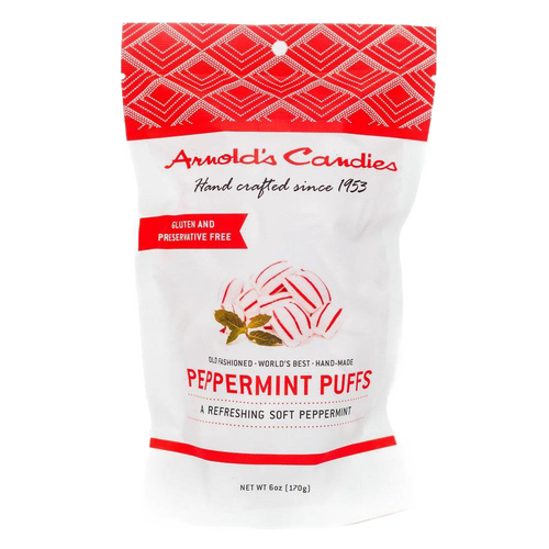 Single white bag with a red diamond pattern top containing handcrafted peppermint puffs, gluten and preservative free, made in the USA, ideal for Kitchen & Food, Snacks and Sweets, USA Made, Best Sellers, and Promo Eligible collections.