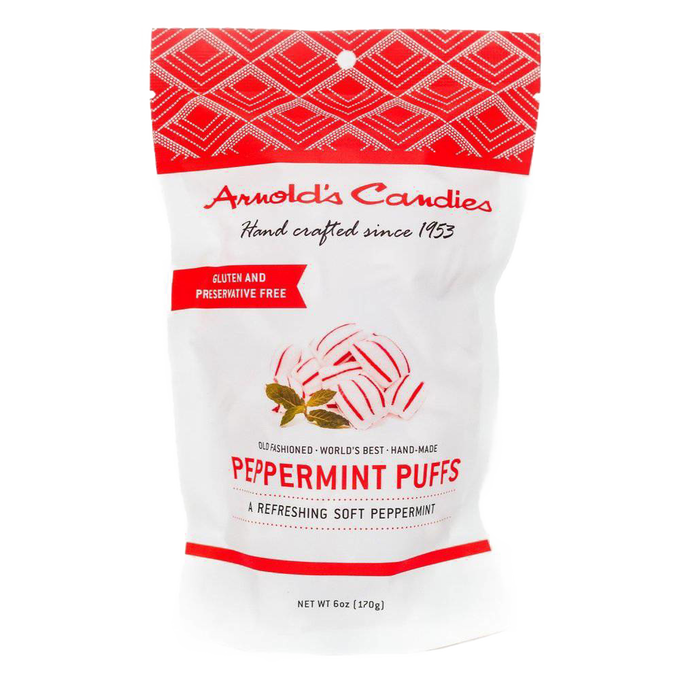 Single white bag with a red diamond pattern top containing handcrafted peppermint puffs, gluten and preservative free, made in the USA, ideal for Kitchen & Food, Snacks and Sweets, USA Made, Best Sellers, and Promo Eligible collections.