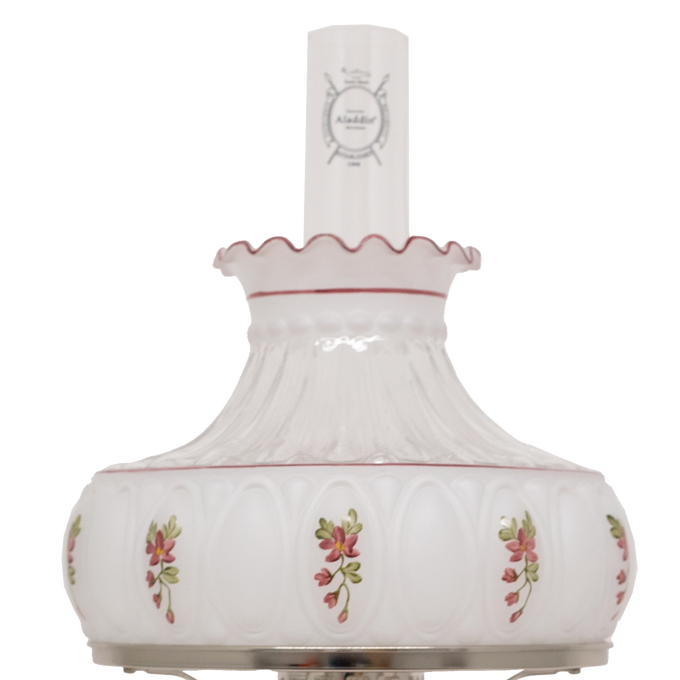 Handcrafted glass oil lamp font with delicate rose floral accents and a ruffled top edge, accompanied by a clear chimney embossed with logo, ideal for Farm, Garden & Tool, Lamps & Lighting, Oil Lamps, Table Lamps, Best Sellers, Homesteading, and Promo Eligible collections.