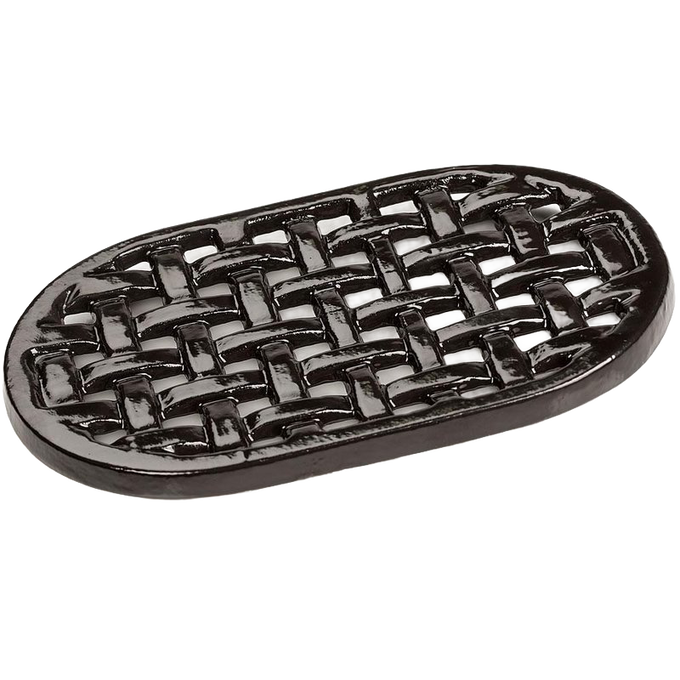Black enamel oval trivet with a lattice pattern, designed to protect stoves from heat damage, included in Stoves, Hearth Accessories, Best Sellers, and Promo Eligible collections.