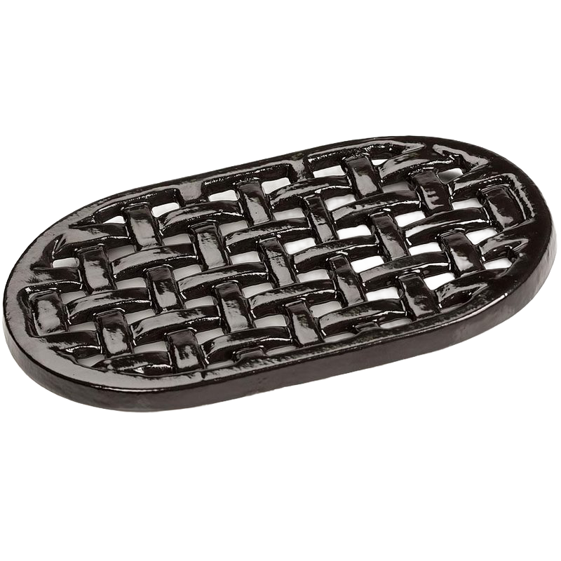 Black enamel oval trivet with a lattice pattern, designed to protect stoves from heat damage, included in Stoves, Hearth Accessories, Best Sellers, and Promo Eligible collections.