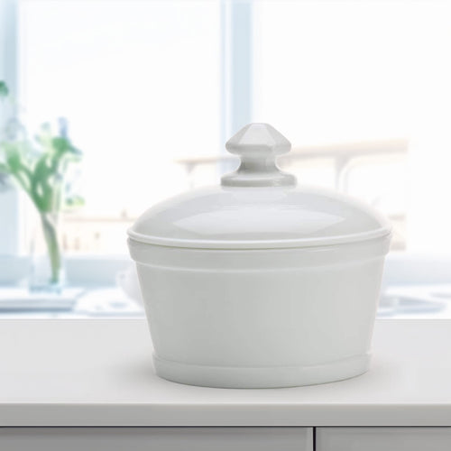 Milk-colored glass butter tub with a matching lid, handcrafted in the USA, ideal for Kitchen & Food, Dinnerware, and Storage and Serving collections.