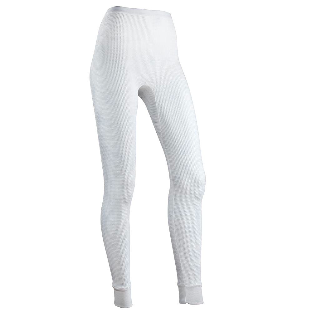 White waffle-knit thermal pants designed for warmth and comfort, crafted from cotton-rich fabric and perfect for layering in Health & Wellness and Clothing collections.