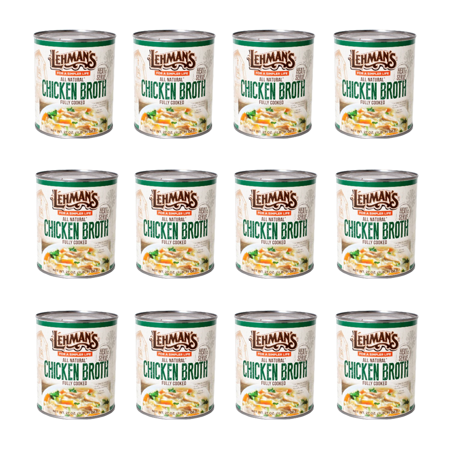 Multiple 27 oz cans of Lehman's all natural fully cooked chicken broth arranged in three rows, featuring packaging with farm imagery, suitable for Farm, Garden & Tool, Kitchen & Food, Emergency Supplies, Food, Meats, Best Sellers, and Promo Eligible collections.