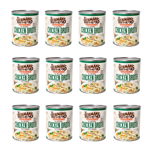 Multiple 27 oz cans of Lehman's all natural fully cooked chicken broth arranged in three rows, featuring packaging with farm imagery, suitable for Farm, Garden & Tool, Kitchen & Food, Emergency Supplies, Food, Meats, Best Sellers, and Promo Eligible collections.