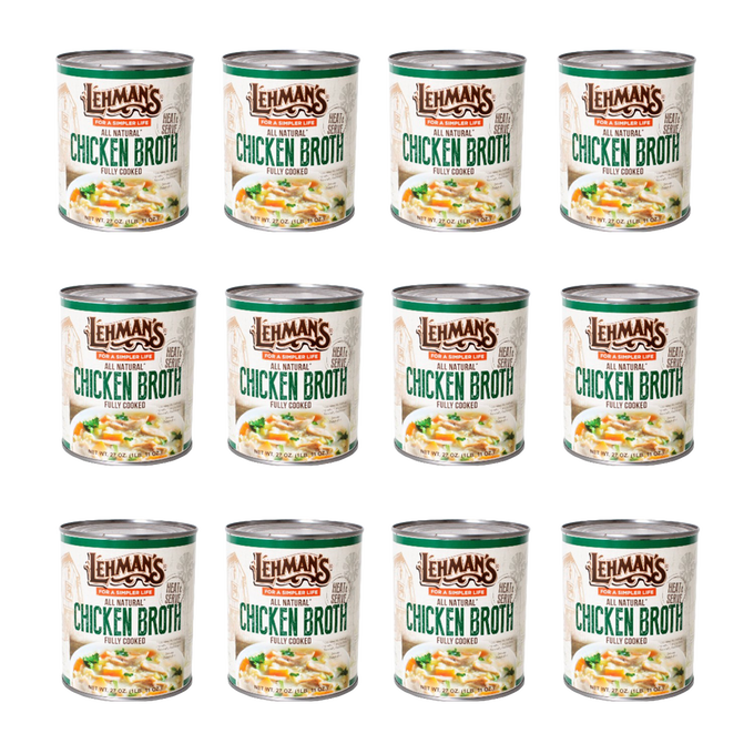 Multiple 27 oz cans of Lehman's all natural fully cooked chicken broth arranged in three rows, featuring packaging with farm imagery, suitable for Farm, Garden & Tool, Kitchen & Food, Emergency Supplies, Food, Meats, Best Sellers, and Promo Eligible collections.
