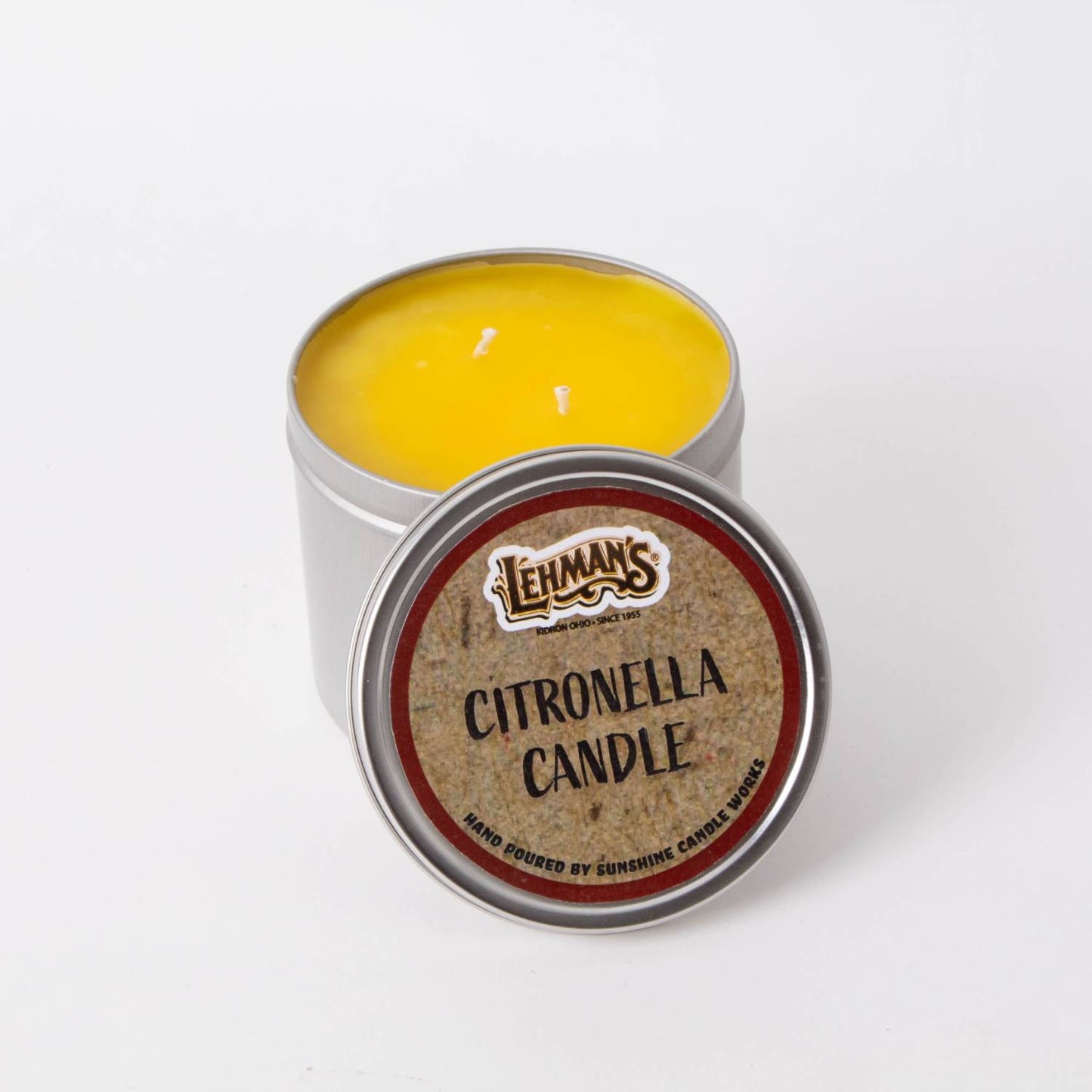 Hand-poured bright yellow citronella candle in a compact metal tin with removable lid, handcrafted for outdoor use, featured in Farm, Garden & Tool, Camping, and Pest Control collections.