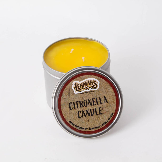 Hand-poured bright yellow citronella candle in a compact metal tin with removable lid, handcrafted for outdoor use, featured in Farm, Garden & Tool, Camping, and Pest Control collections.