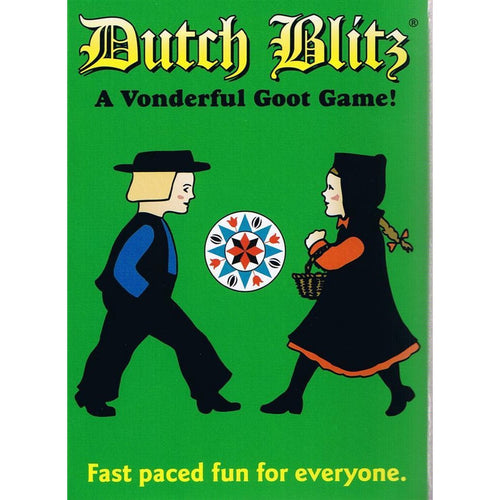 Vintage-style game box cover featuring cartoon Amish boy and girl in traditional dress facing each other on bright green background, promoting a fast-paced, handcrafted card game in Toys, Books & Games and USA Made collections.