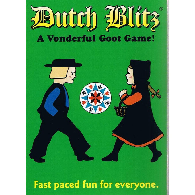Vintage-style game box cover featuring cartoon Amish boy and girl in traditional dress facing each other on bright green background, promoting a fast-paced, handcrafted card game in Toys, Books & Games and USA Made collections.