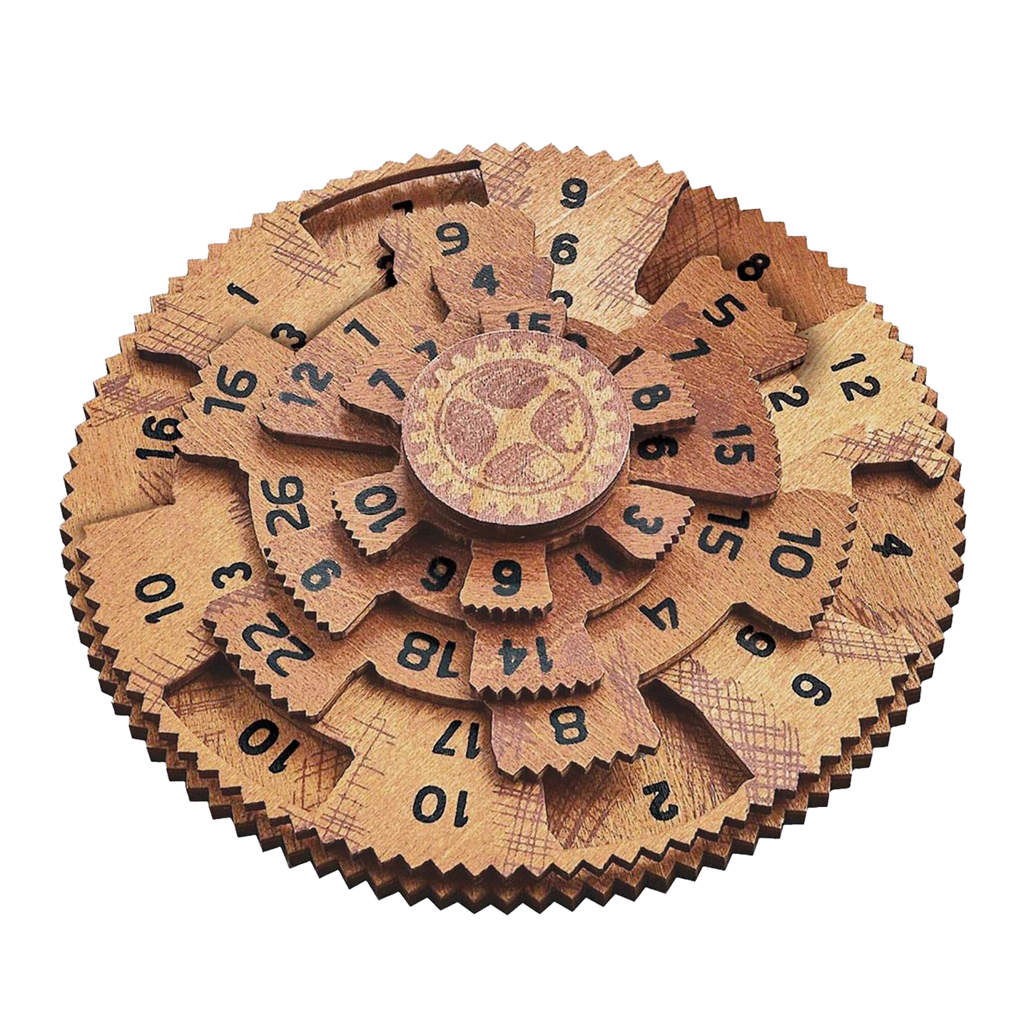 Handcrafted wooden brainteaser puzzle featuring rotating numbered gears, designed for advanced puzzlers and included in Toys, Children's Toys, Games and Puzzles, and Best Sellers collections.