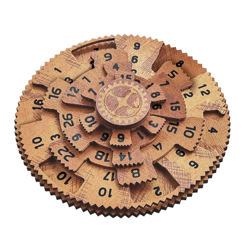 Handcrafted wooden brainteaser puzzle featuring rotating numbered gears, designed for advanced puzzlers and included in Toys, Children's Toys, Games and Puzzles, and Best Sellers collections.