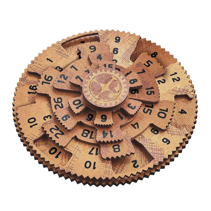 Handcrafted wooden brainteaser puzzle featuring rotating numbered gears, designed for advanced puzzlers and included in Toys, Children's Toys, Games and Puzzles, and Best Sellers collections.