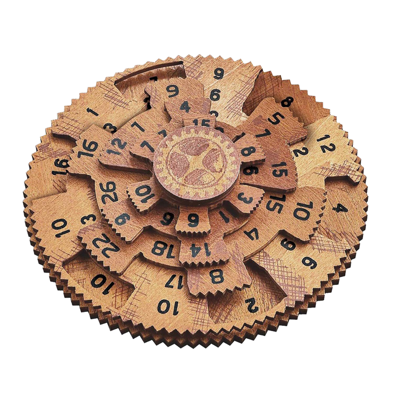 Handcrafted wooden brainteaser puzzle featuring rotating numbered gears, designed for advanced puzzlers and included in Toys, Children's Toys, Games and Puzzles, and Best Sellers collections.