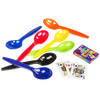 Set of seven colorful large plastic spoons alongside a deck of playing cards and game box, perfect for engaging group play in toys, board games, and family fun collections.