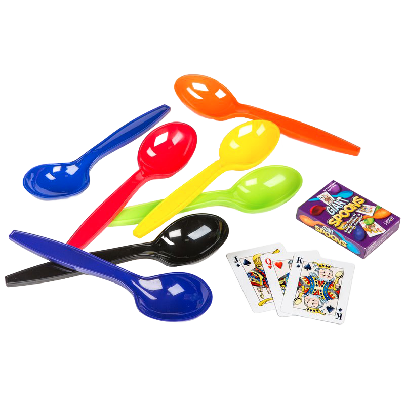 Set of seven colorful large plastic spoons alongside a deck of playing cards and game box, perfect for engaging group play in toys, board games, and family fun collections.