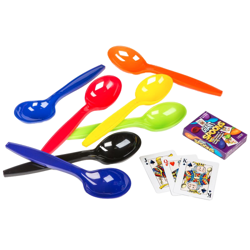 Set of seven colorful large plastic spoons alongside a deck of playing cards and game box, perfect for engaging group play in toys, board games, and family fun collections.