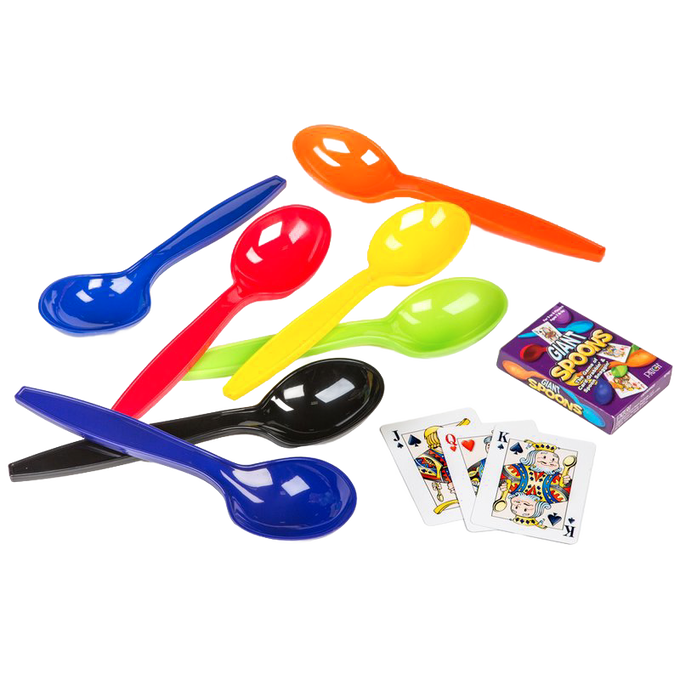 Set of seven colorful large plastic spoons alongside a deck of playing cards and game box, perfect for engaging group play in toys, board games, and family fun collections.