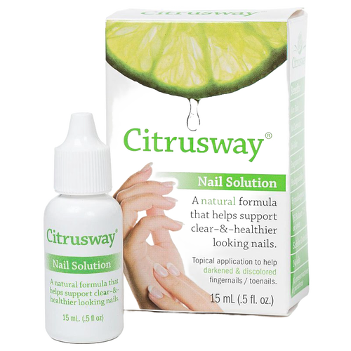 White bottle of Citrusway Nail Solution with green and white packaging featuring a lime wedge dripping juice, promoting a natural formula for healthier fingernails and toenails in Health & Wellness and USA Made collections.