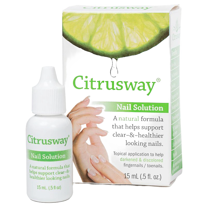 White bottle of Citrusway Nail Solution with green and white packaging featuring a lime wedge dripping juice, promoting a natural formula for healthier fingernails and toenails in Health & Wellness and USA Made collections.