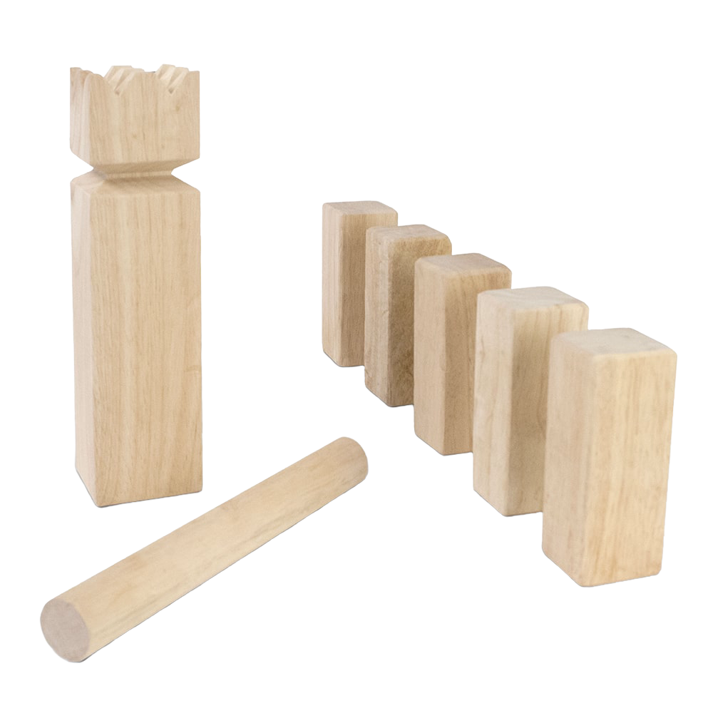 Handcrafted wooden lawn game pieces including a king block with crowned top, rectangular kubbs, and a throwing dowel, designed for outdoor fun and strategy in Toys, Books & Games and Lawn Games collections.