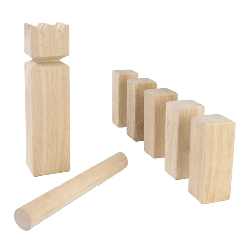 Handcrafted wooden lawn game pieces including a king block with crowned top, rectangular kubbs, and a throwing dowel, designed for outdoor fun and strategy in Toys, Books & Games and Lawn Games collections.