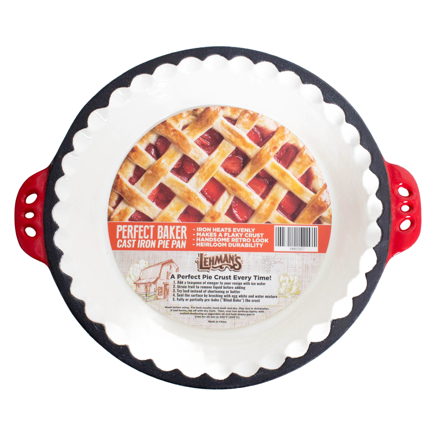 Handcrafted cast iron pie pan with crimped edges and red handles, designed for even heat and durable baking, featured in Kitchen & Food, Cookware, Cast Iron, Baking Supplies, Best Sellers, and Promo Eligible collections.