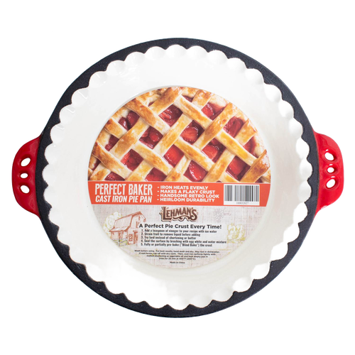 Handcrafted cast iron pie pan with crimped edges and red handles, designed for even heat and durable baking, featured in Kitchen & Food, Cookware, Cast Iron, Baking Supplies, Best Sellers, and Promo Eligible collections.