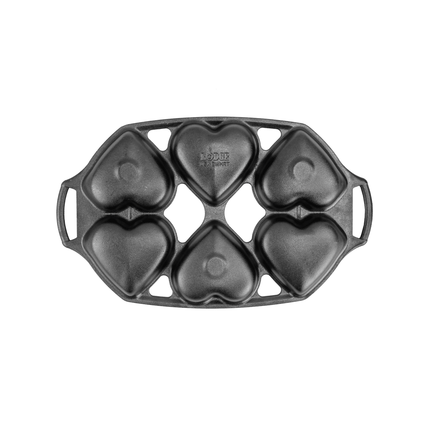 Cast iron mini cake pan with six heart-shaped molds, featuring sturdy handles and a naturally seasoned surface, ideal for baking in Kitchen & Food and Cast Iron collections.