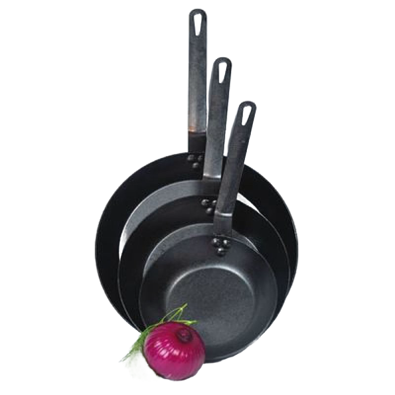 Set of three pre-seasoned steel skillets with long sturdy handles stacked from largest to smallest, accompanied by a fresh red onion, featured in Kitchen & Food, Cookware, Pots and Pans, USA Made, Best Sellers, and Promo Eligible collections.