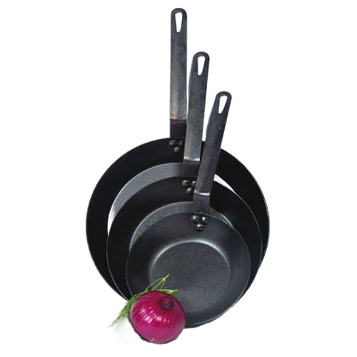 Set of three pre-seasoned steel skillets with long sturdy handles stacked from largest to smallest, accompanied by a fresh red onion, featured in Kitchen & Food, Cookware, Pots and Pans, USA Made, Best Sellers, and Promo Eligible collections.