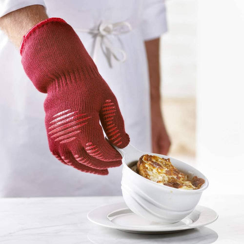 Red double-sided kitchen and grill glove with silicone anti-slip grip, made from heat- and flame-resistant aramid fibers, perfect for cooking, baking, grilling, and kitchen use.