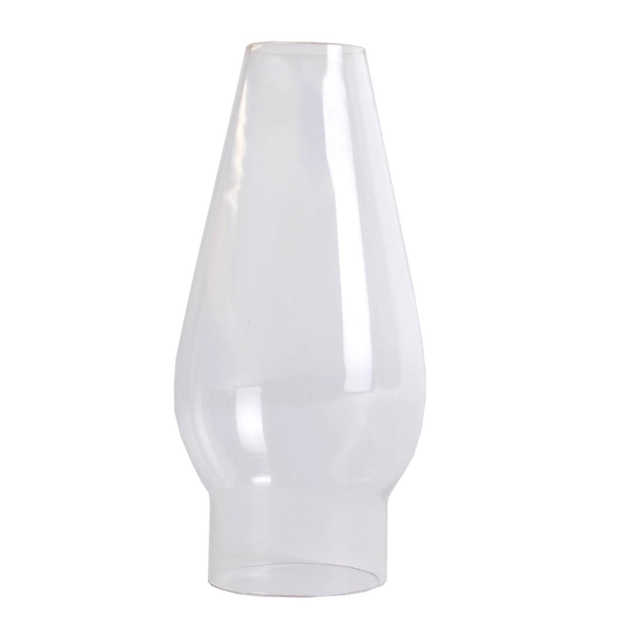 Clear handcrafted glass lamp chimney with smooth top and 1-5/8" base, designed as a replacement part for oil lamps in Lamps & Lighting and Chimneys and Globes collections.
