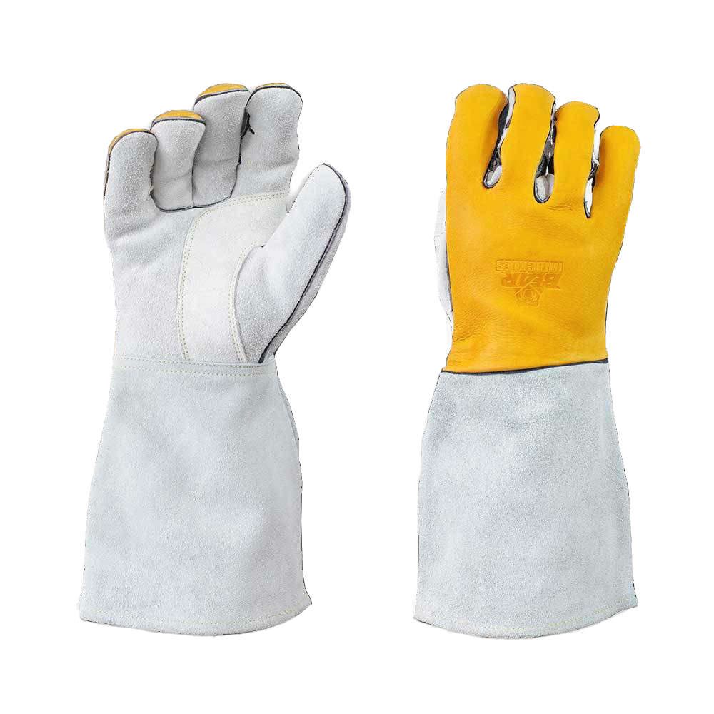 Pair of handcrafted leather welder and hearth gloves featuring a yellow ergonomic back with gray reinforced palms and extended cuffs, designed for durability and comfort in Health & Wellness, Farm, Garden & Tool, Stoves, Hand Tools and Hardware, Clothing and Accessories, Hearth Accessories, Best Sellers, Promo Eligible, and All Stoves & Appliances collections.