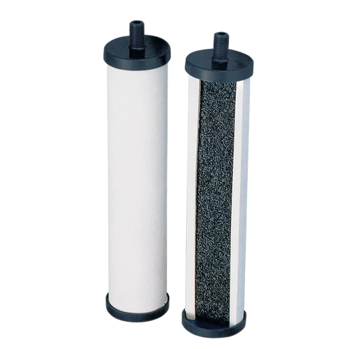 Replacement elements for tabletop water filtration system featuring two cylindrical filters with black end caps, ideal for emergency supplies and water treatment appliances.