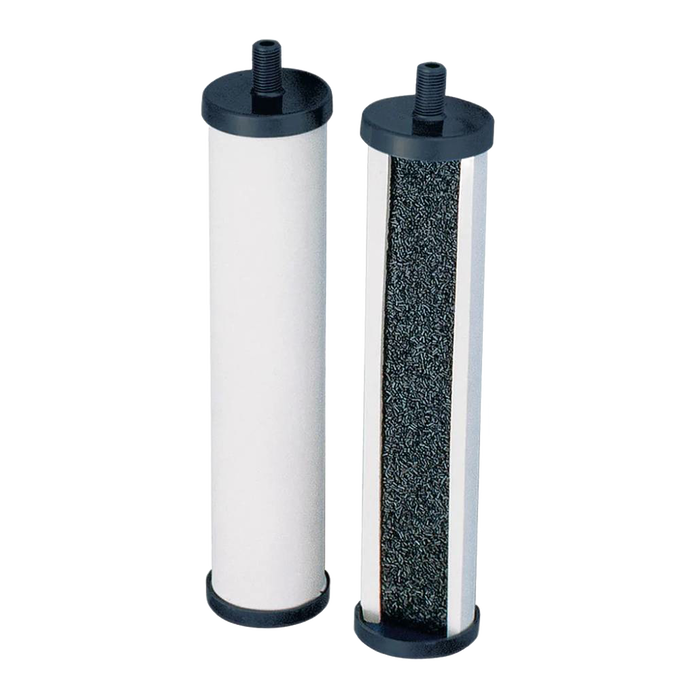 Replacement elements for tabletop water filtration system featuring two cylindrical filters with black end caps, ideal for emergency supplies and water treatment appliances.