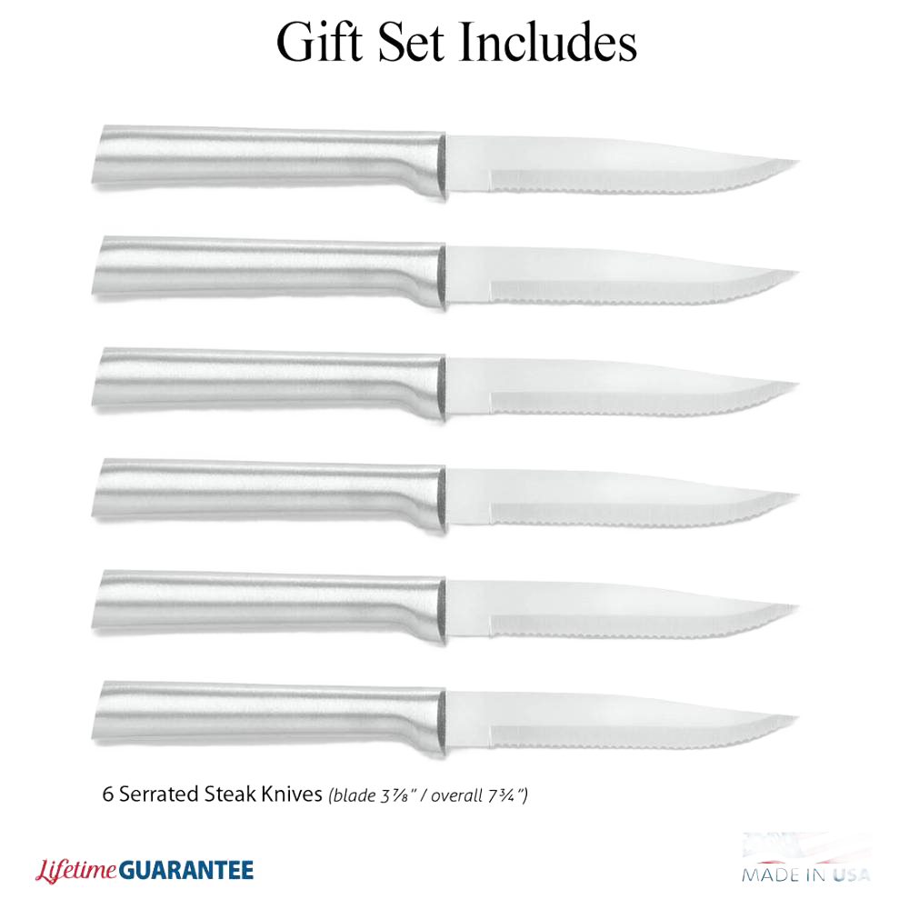 Set of six handcrafted stainless steel serrated steak knives with ergonomic handles, designed for precise cutting, part of USA Made kitchen and food prep collections.