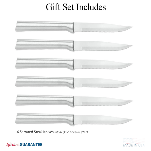 Set of six handcrafted stainless steel serrated steak knives with ergonomic handles, designed for precise cutting, part of USA Made kitchen and food prep collections.