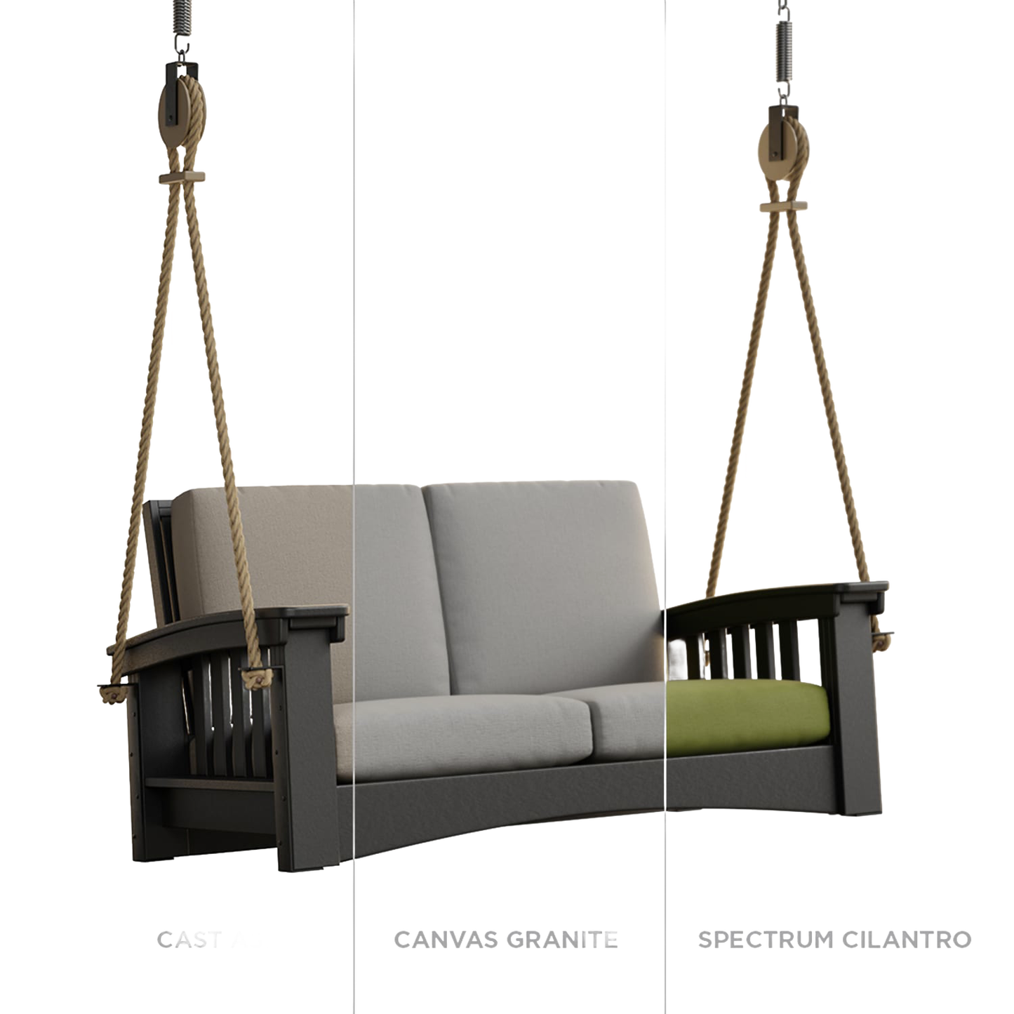 Handcrafted 6 ft rope swing featuring a durable black painted cypress frame with thick soft cushions in light gray, suspended by sturdy ropes, perfect for Home & Decor, Outdoor Furniture, USA Made, Amish Made, Best Sellers, and Promo Eligible collections.