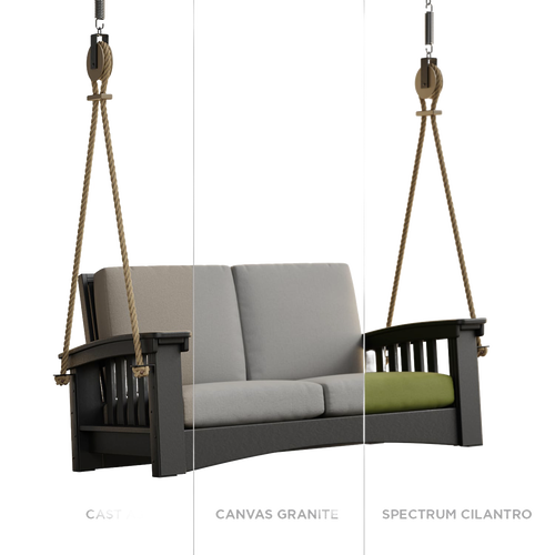 Handcrafted 6 ft rope swing featuring a durable black painted cypress frame with thick soft cushions in light gray, suspended by sturdy ropes, perfect for Home & Decor, Outdoor Furniture, USA Made, Amish Made, Best Sellers, and Promo Eligible collections.