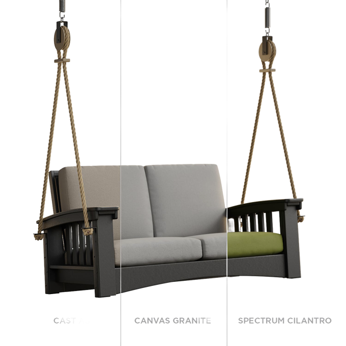 Handcrafted 6 ft rope swing featuring a durable black painted cypress frame with thick soft cushions in light gray, suspended by sturdy ropes, perfect for Home & Decor, Outdoor Furniture, USA Made, Amish Made, Best Sellers, and Promo Eligible collections.