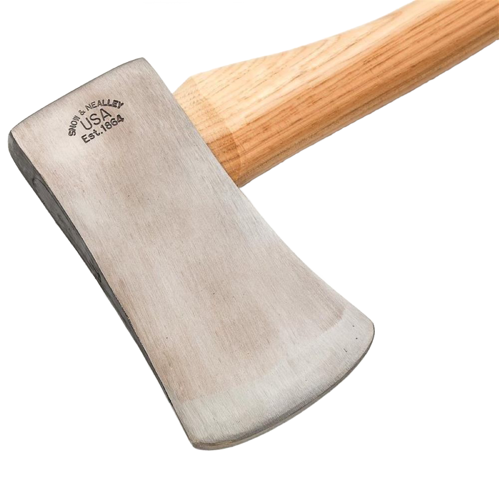 Handcrafted single bit axe with high carbon steel head stamped Made in USA, featuring a smooth hickory handle, ideal for farm and wood cutting tasks, Amish made and best seller.