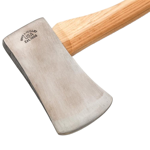 Handcrafted single bit axe with high carbon steel head stamped Made in USA, featuring a smooth hickory handle, ideal for farm and wood cutting tasks, Amish made and best seller.