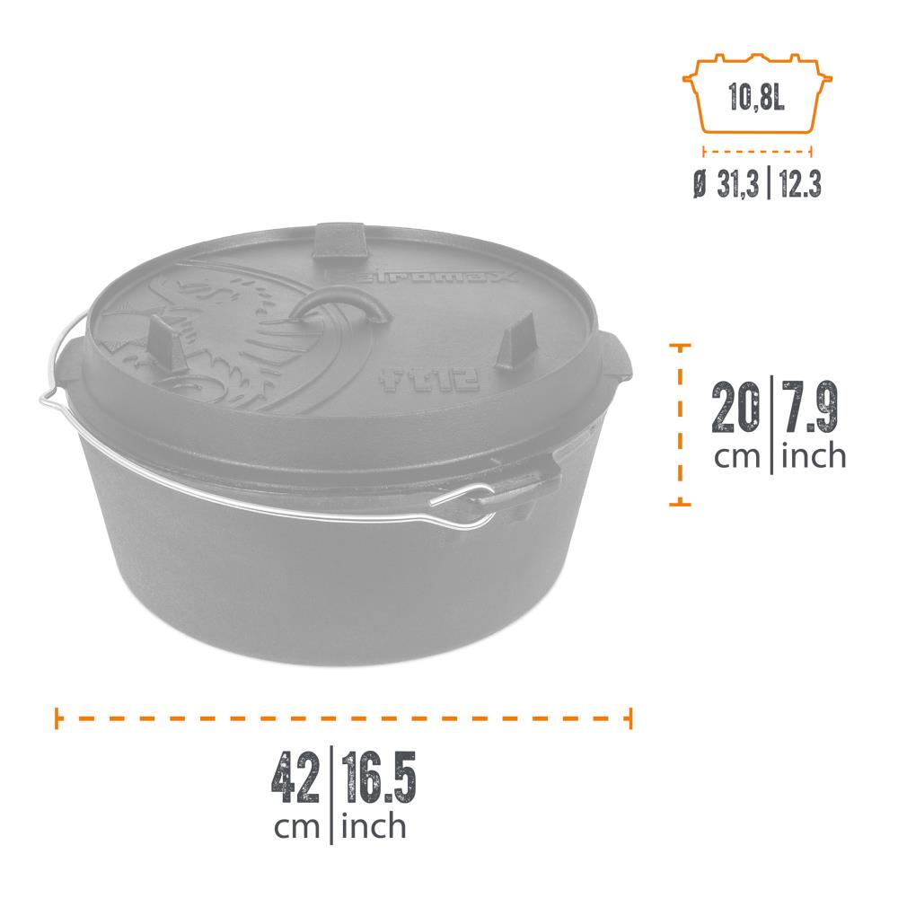 Petromax cast iron Dutch oven with flat base, featuring a sturdy bail handle and embossed lid with dragon design, ideal for Kitchen & Food, Cookware, Cast Iron, Best Sellers collections.
