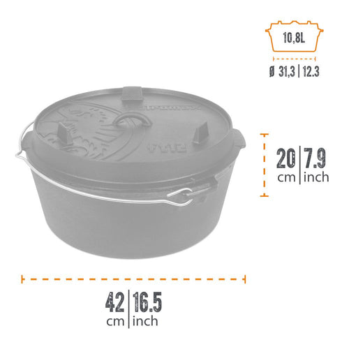 Petromax cast iron Dutch oven with flat base, featuring a sturdy bail handle and embossed lid with dragon design, ideal for Kitchen & Food, Cookware, Cast Iron, Best Sellers collections.