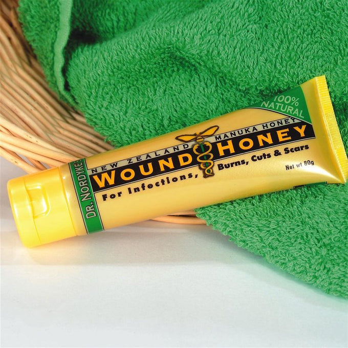 Handcrafted tube of wound honey with natural ingredients, designed for healing burns, cuts, and scars, featured in Health & Wellness, Health Remedies, and Best Sellers collections.