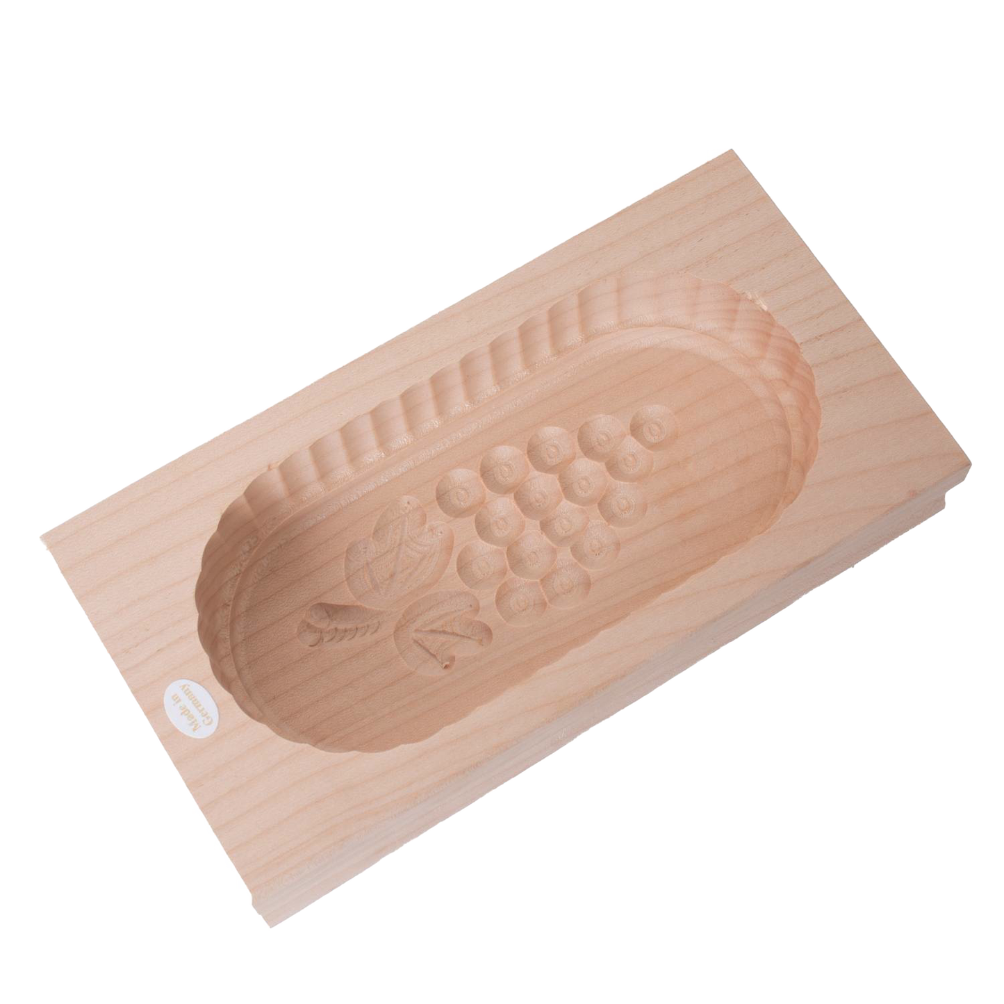 Handcrafted medium rectangular butter mold made from blemish-free close-grained hardwood with smooth carved grape cluster interior, suited for Kitchen & Food and Specialty Equipment collections.