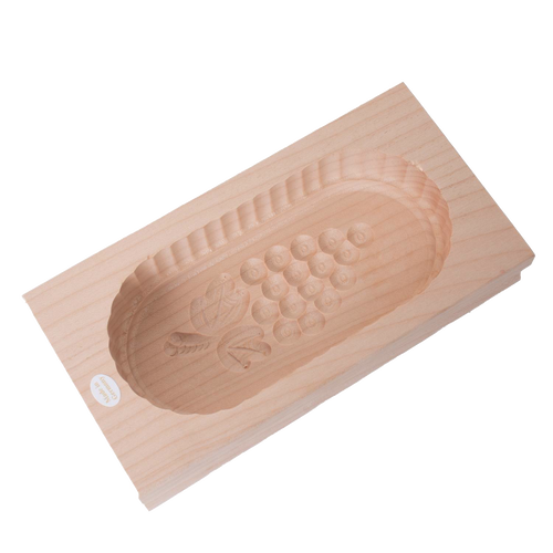 Handcrafted medium rectangular butter mold made from blemish-free close-grained hardwood with smooth carved grape cluster interior, suited for Kitchen & Food and Specialty Equipment collections.