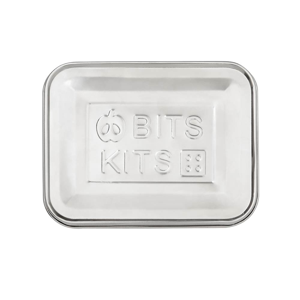 Rectangular stainless steel snack container lid embossed with Bits Kits logo, designed for durable kitchen storage, featured in Kitchen & Food, Storage and Serving, Best Sellers, and Promo Eligible collections.