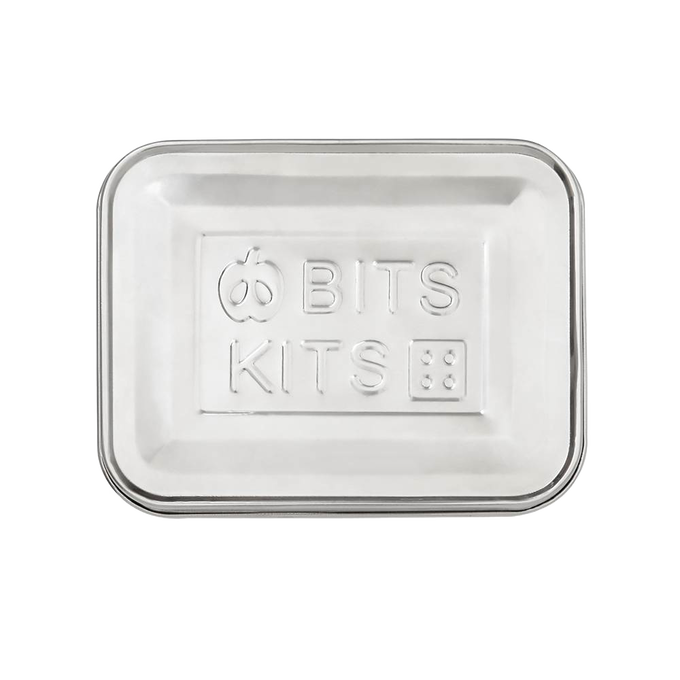 Rectangular stainless steel snack container lid embossed with Bits Kits logo, designed for durable kitchen storage, featured in Kitchen & Food, Storage and Serving, Best Sellers, and Promo Eligible collections.